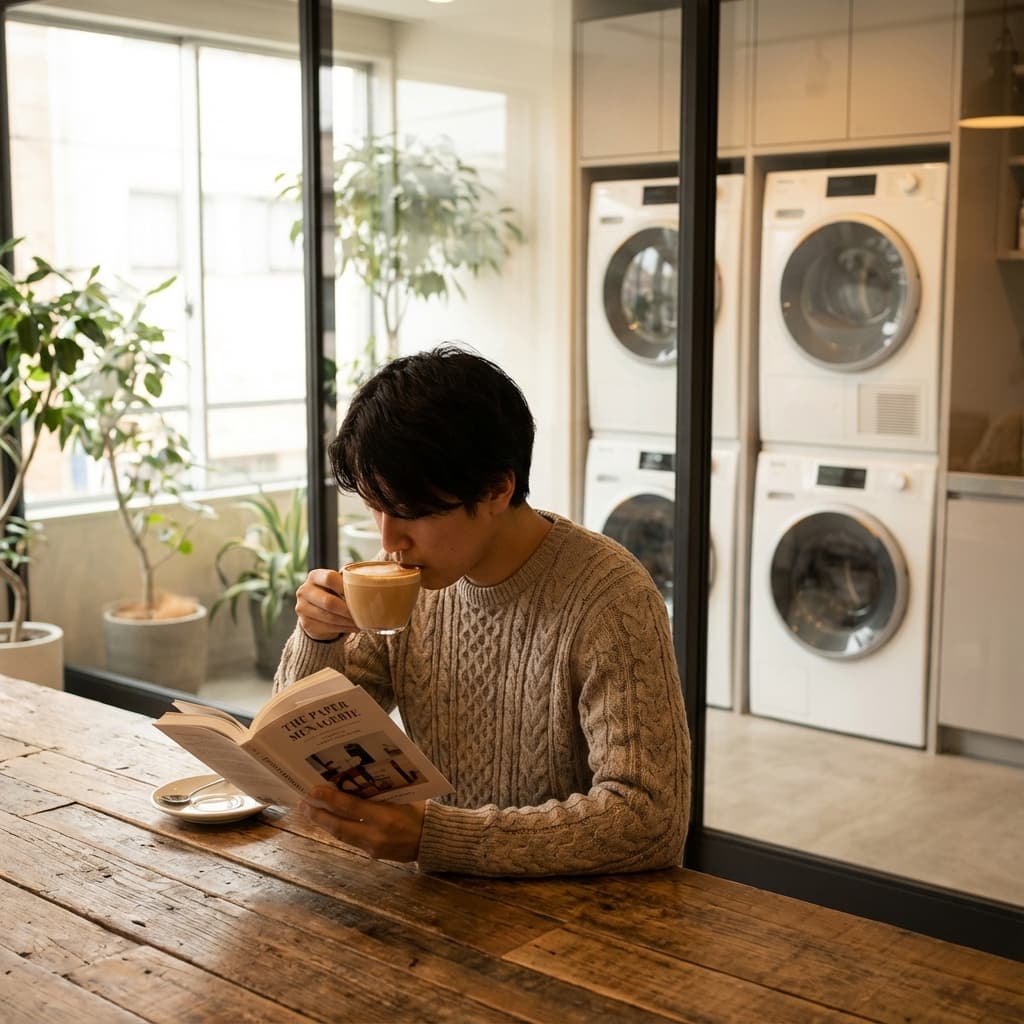 Relaxing with coffee at Q Laundry